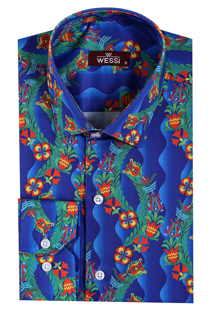Camisa Hombre Indigo Floral Slim Fit Manga Larga - Wessi