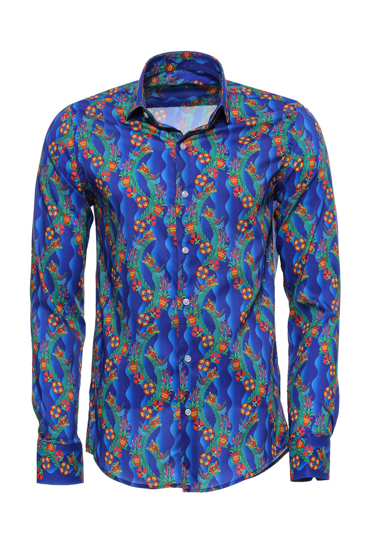 Camisa Hombre Indigo Floral Slim Fit Manga Larga - Wessi