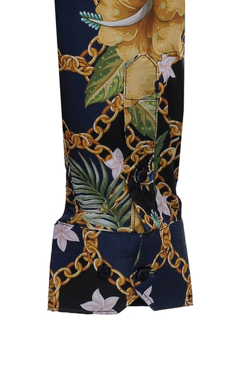 قميص رجالي ملون منقوش عليه زهور وأكمام طويلة باللون الأزرق الداكن - ويسي