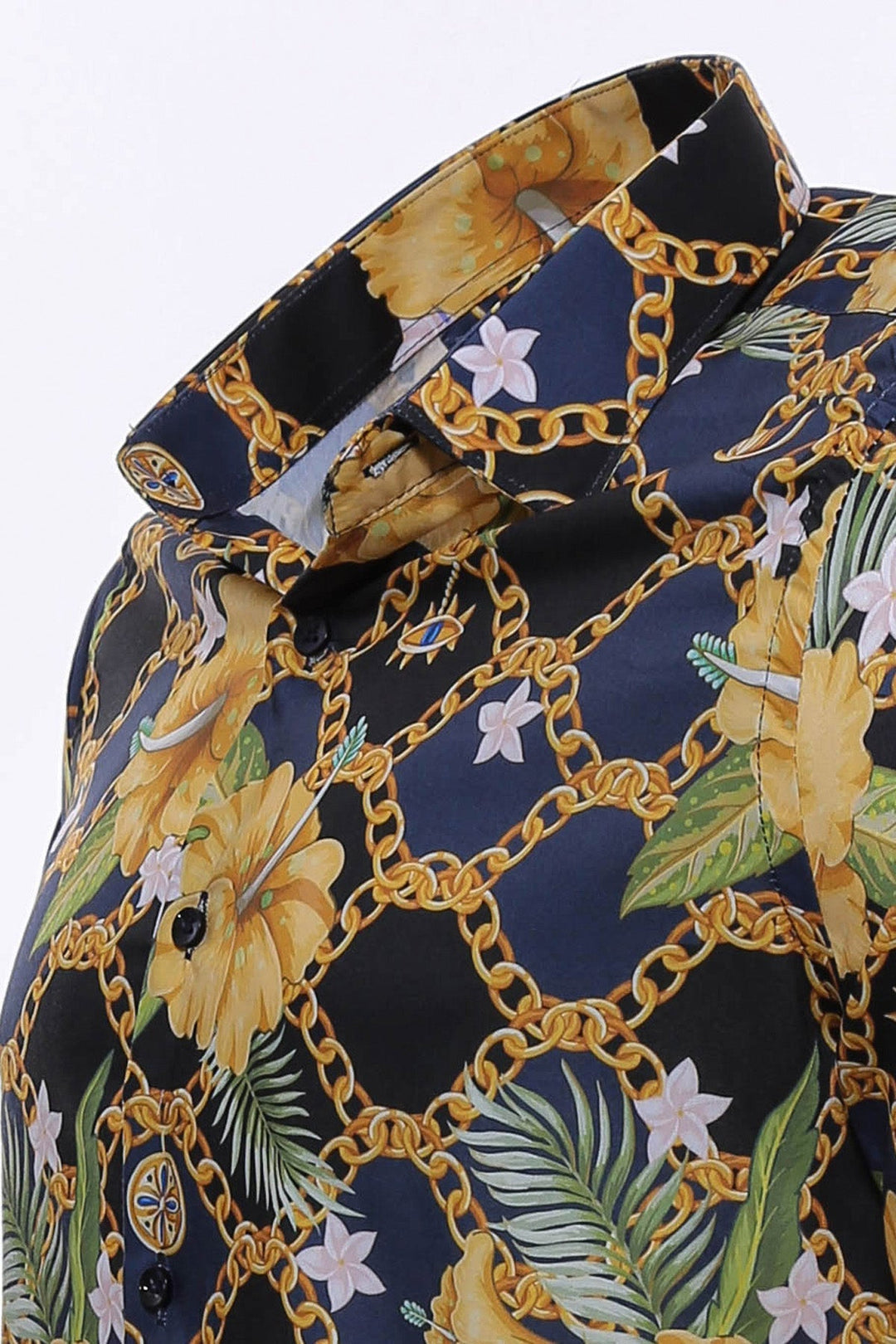 Camicia da uomo blu navy a maniche lunghe slim fit con fantasia floreale colorata - Wessi