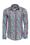 Red Floral Patterned Slim-Fit Long Sleeves Navy Blue Shirt - Wessi