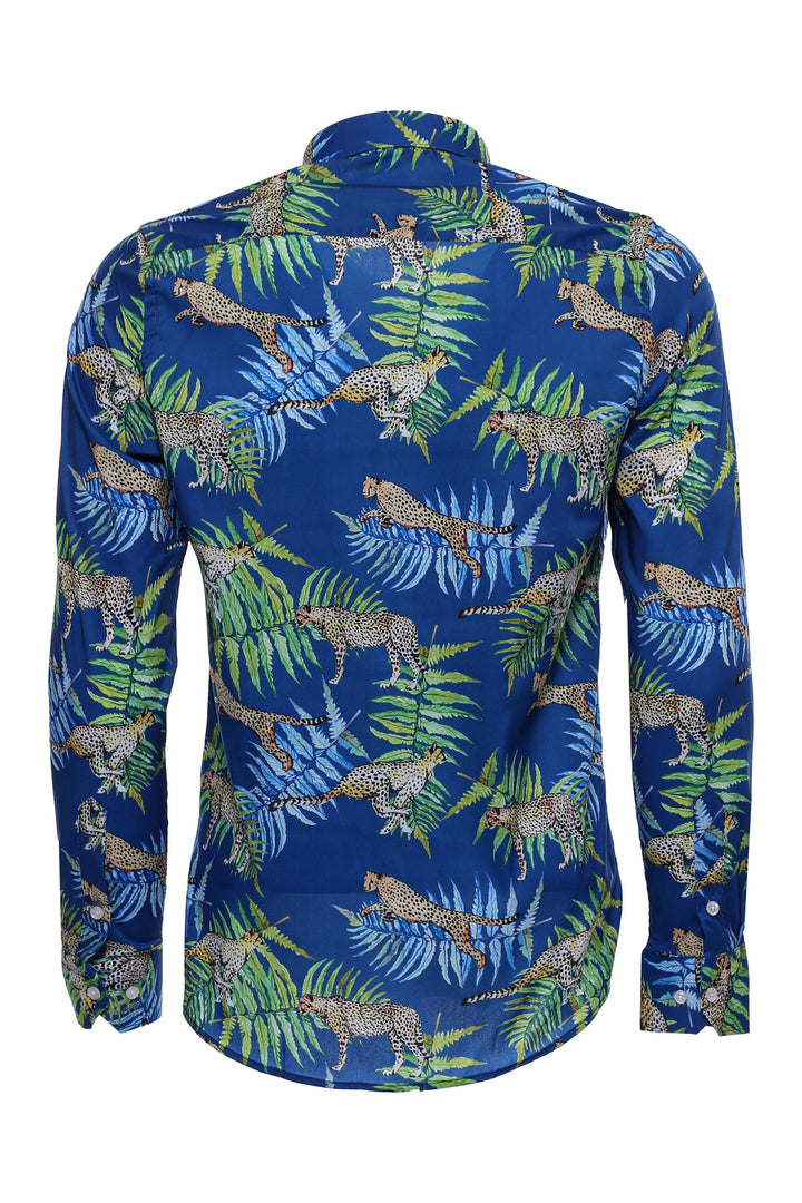 Tiger Patterned Slim Fit Long Sleeves Blue Men Shirt - Wessi