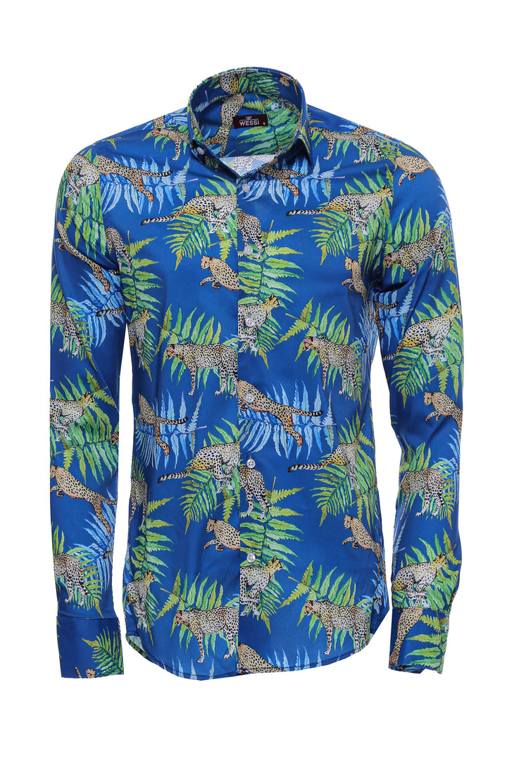 Camisa Hombre Tigre Estampado Slim Fit Manga Larga Azul - Wessi
