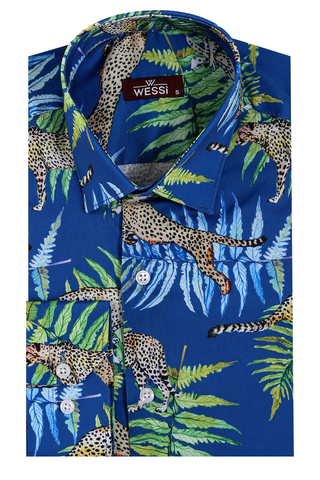 Camisa Hombre Tigre Estampado Slim Fit Manga Larga Azul - Wessi
