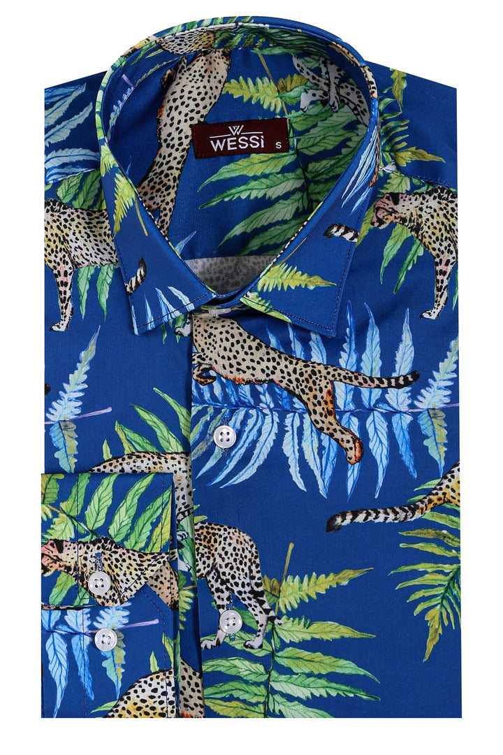 Camisa Hombre Tigre Estampado Slim Fit Manga Larga Azul - Wessi