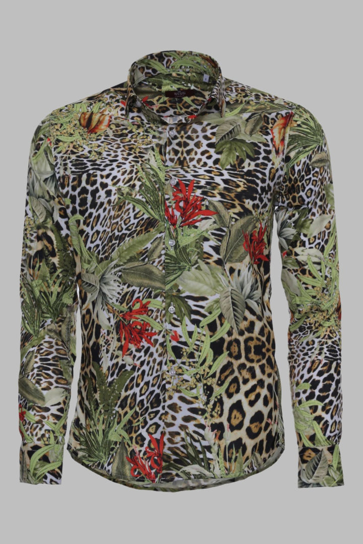 Tiger Patterned Slim Fit Long Sleeves Multicolor Men Shirt - Wessi