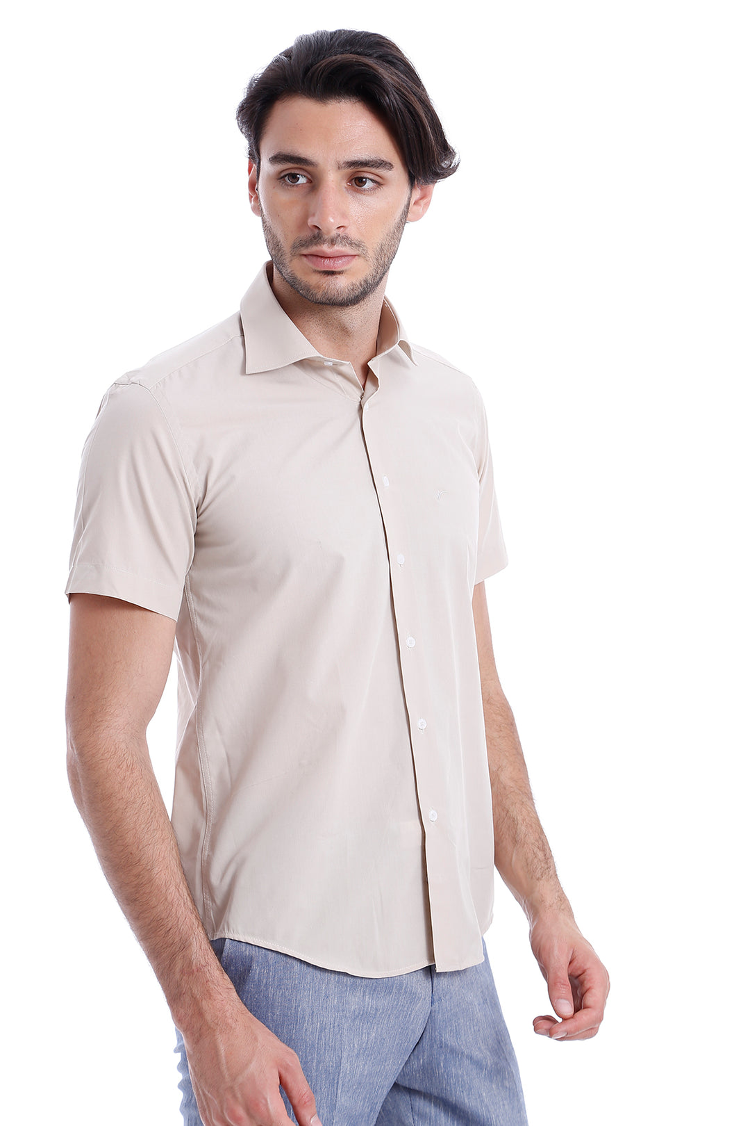 Short Sleeves Poly Cotton Slim Fit Cream Men Shirt - Wessi