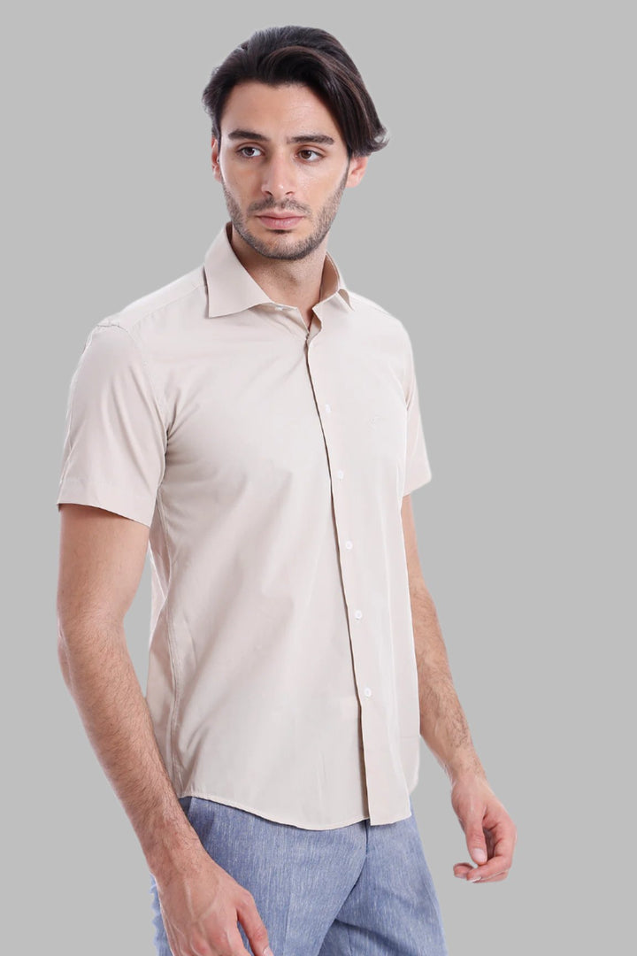 Short Sleeves Poly Cotton Slim Fit Cream Men Shirt - Wessi