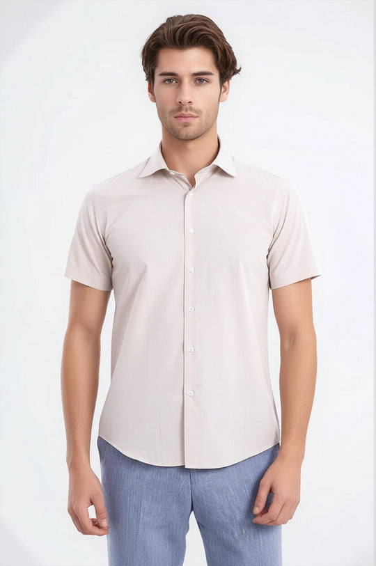 Short Sleeves Poly Cotton Slim Fit Cream Men Shirt - Wessi Wessi - Discover Diversity Short Sleeves Poly Cotton Slim Fit Cream Men Shirt - Wessi Wessi - Discover Diversity