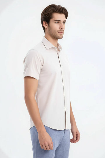 Camicia da uomo a maniche corte in policotone slim fit color crema - Wessi