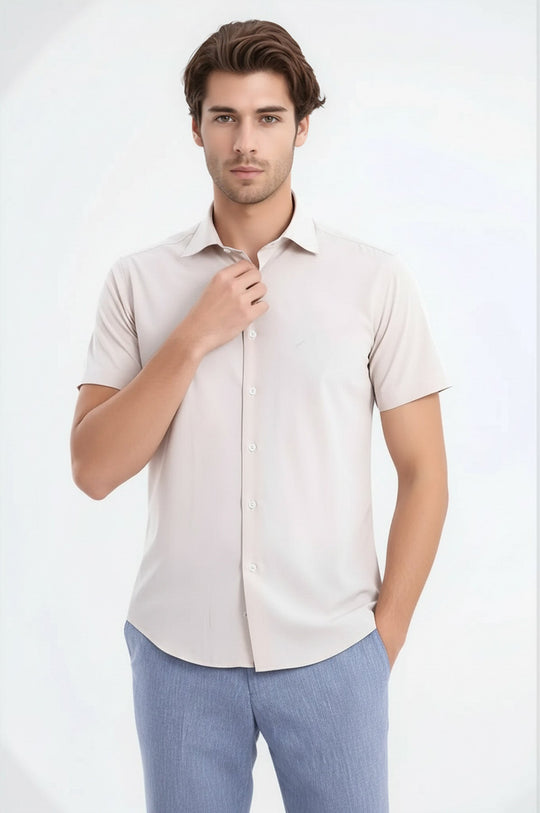 Short Sleeves Poly Cotton Slim Fit Cream Men Shirt - Wessi Wessi - Discover Diversity Short Sleeves Poly Cotton Slim Fit Cream Men Shirt - Wessi Wessi - Discover Diversity
