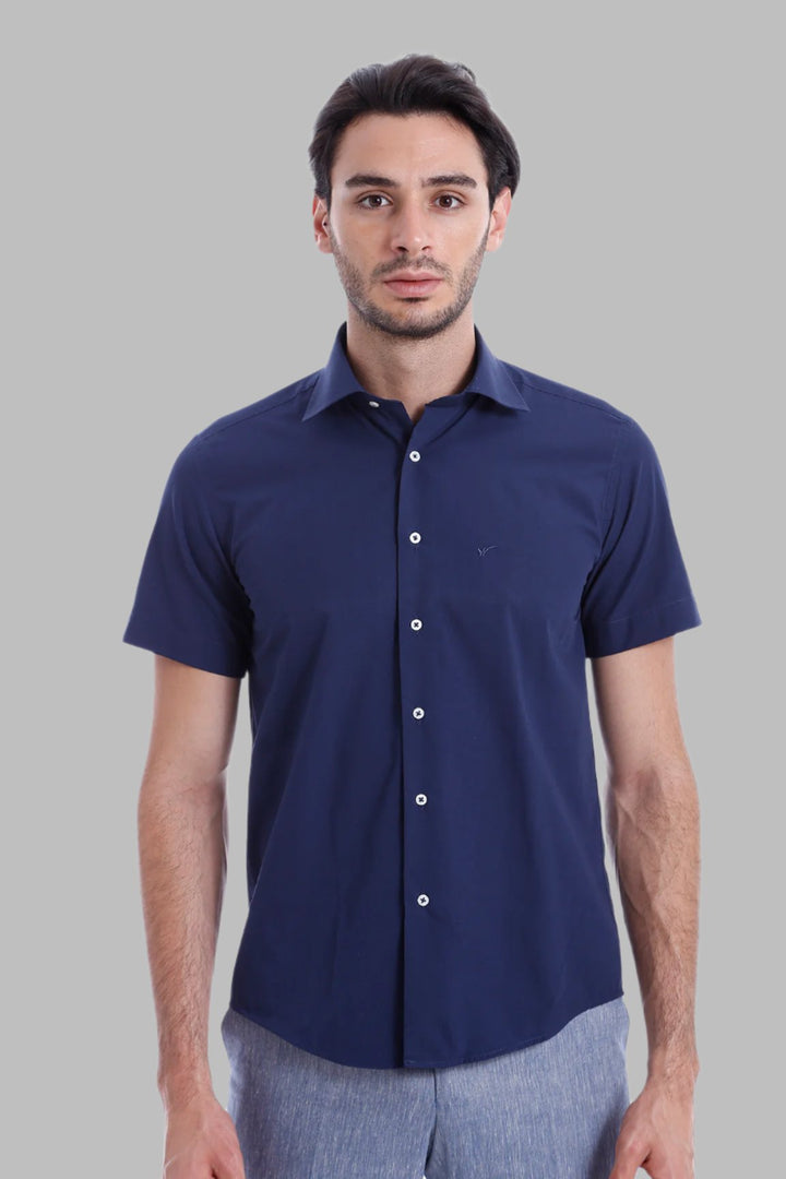 Short Sleeve Poly Cotton Slim Fit Navy Blue Men Shirt - Wessi