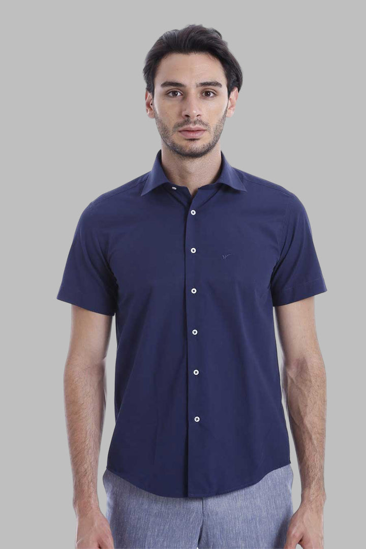 Camisa Hombre Manga Corta Poly Cotton Slim Fit Azul Marino - Wessi