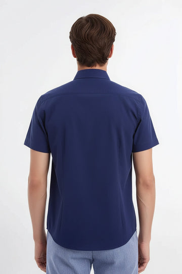 Camicia da uomo blu navy slim fit in policotone a maniche corte - Wessi