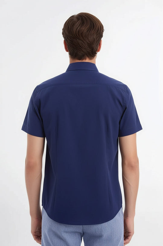 Camicia da uomo blu navy slim fit in policotone a maniche corte - Wessi