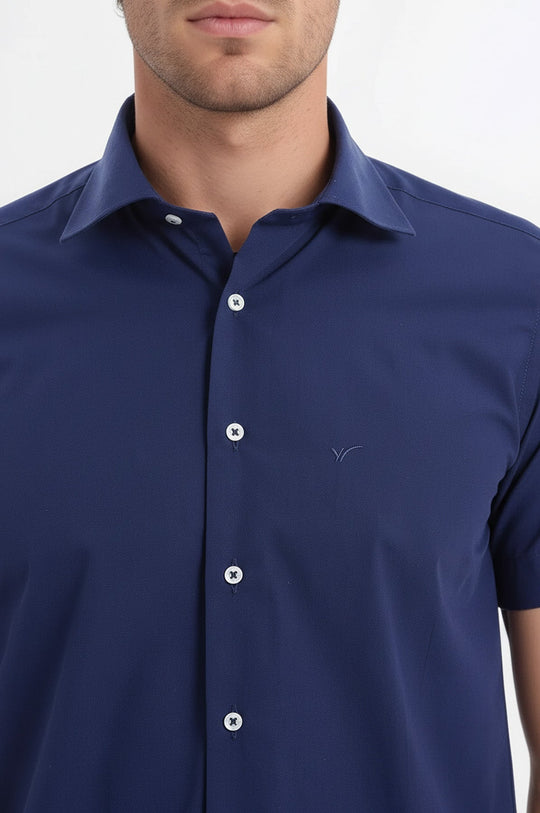 Camicia da uomo blu navy slim fit in policotone a maniche corte - Wessi