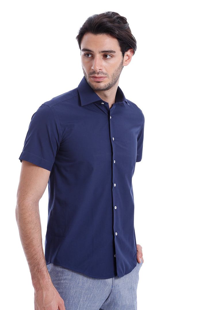 Short Sleeve Poly Cotton Slim Fit Navy Blue Men Shirt - Wessi