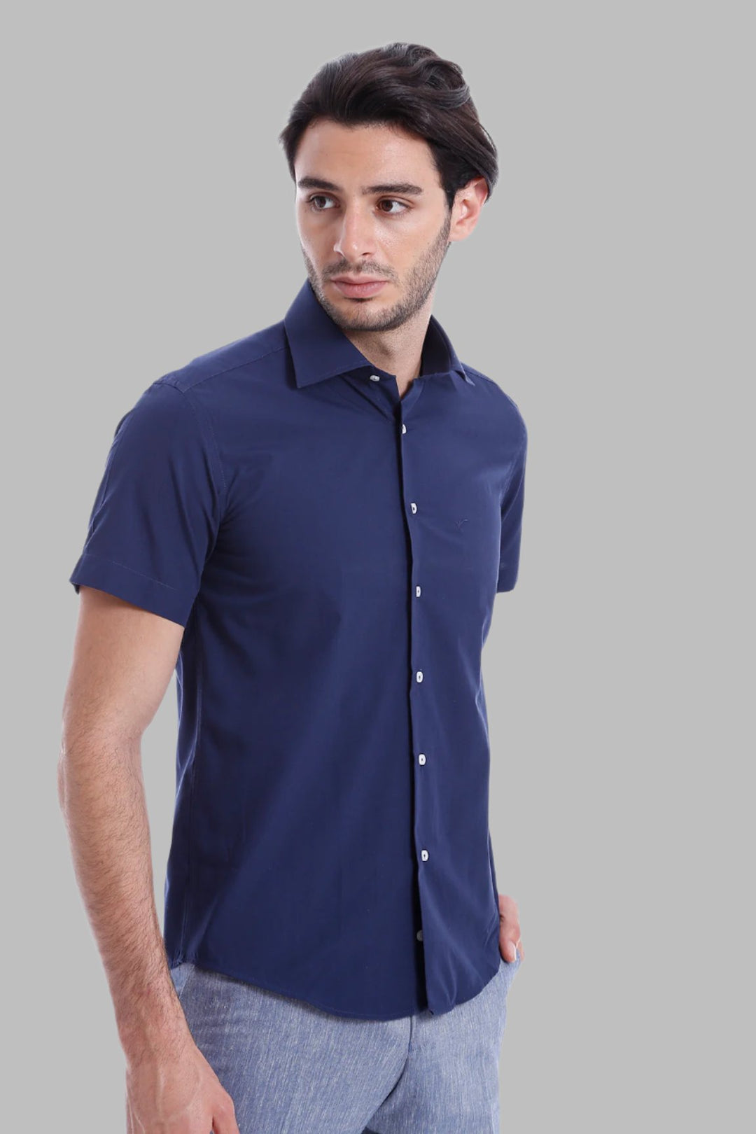 Short Sleeve Poly Cotton Slim Fit Navy Blue Men Shirt - Wessi