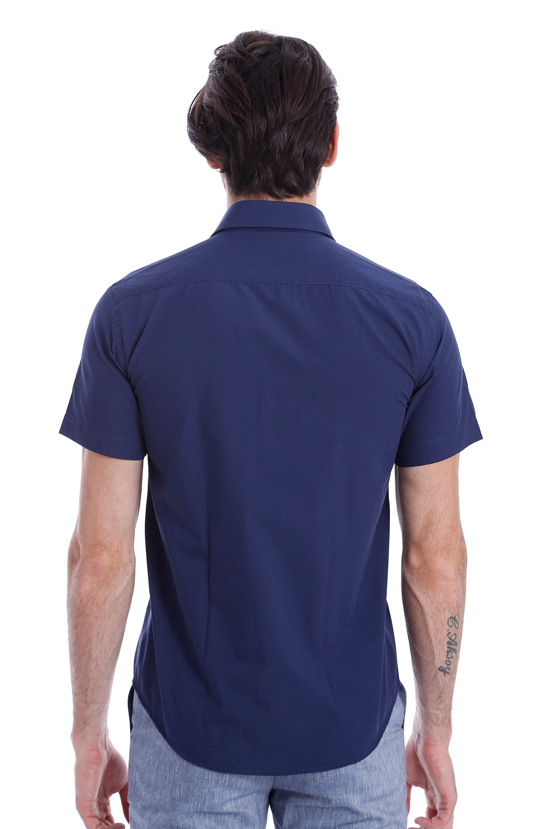 Short Sleeve Poly Cotton Slim Fit Navy Blue Men Shirt - Wessi
