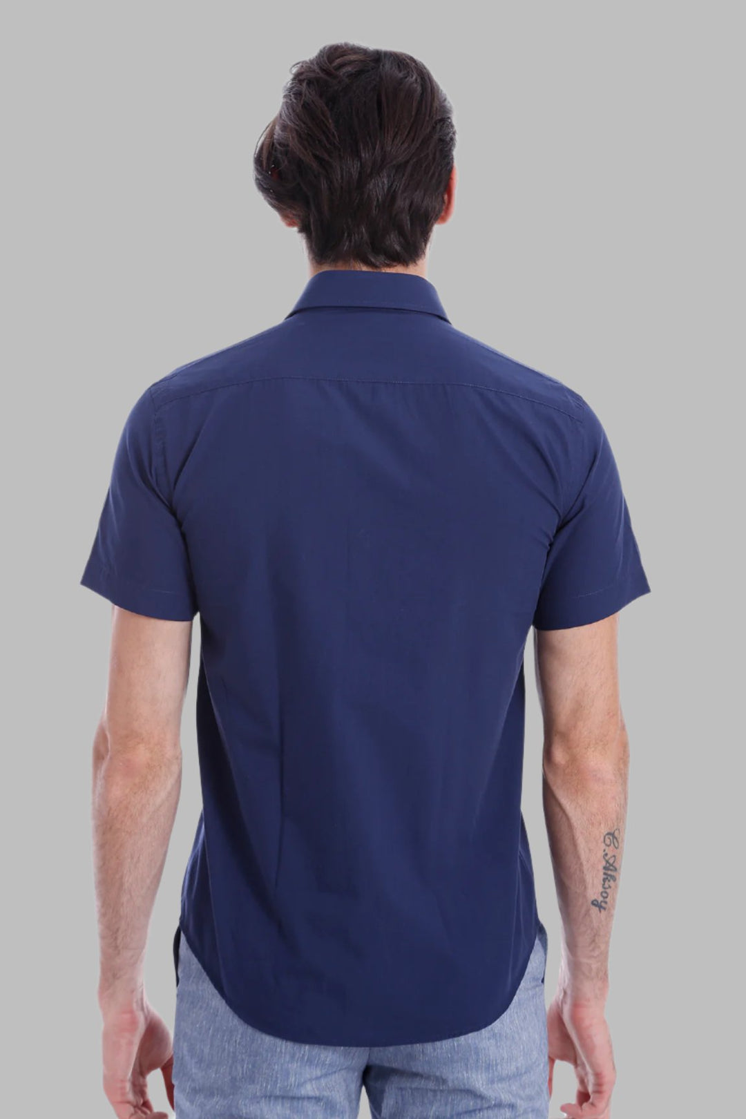 Short Sleeve Poly Cotton Slim Fit Navy Blue Men Shirt - Wessi