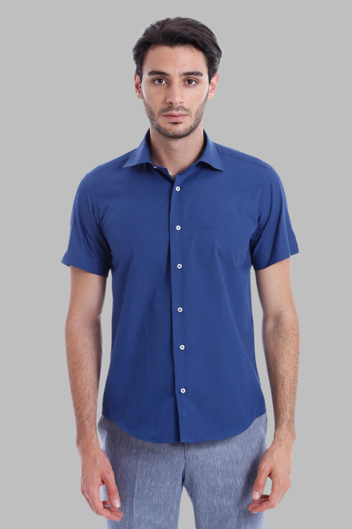 Slim Fit Short Sleeve Poly Cotton Navy Blue Men Shirt - Wessi