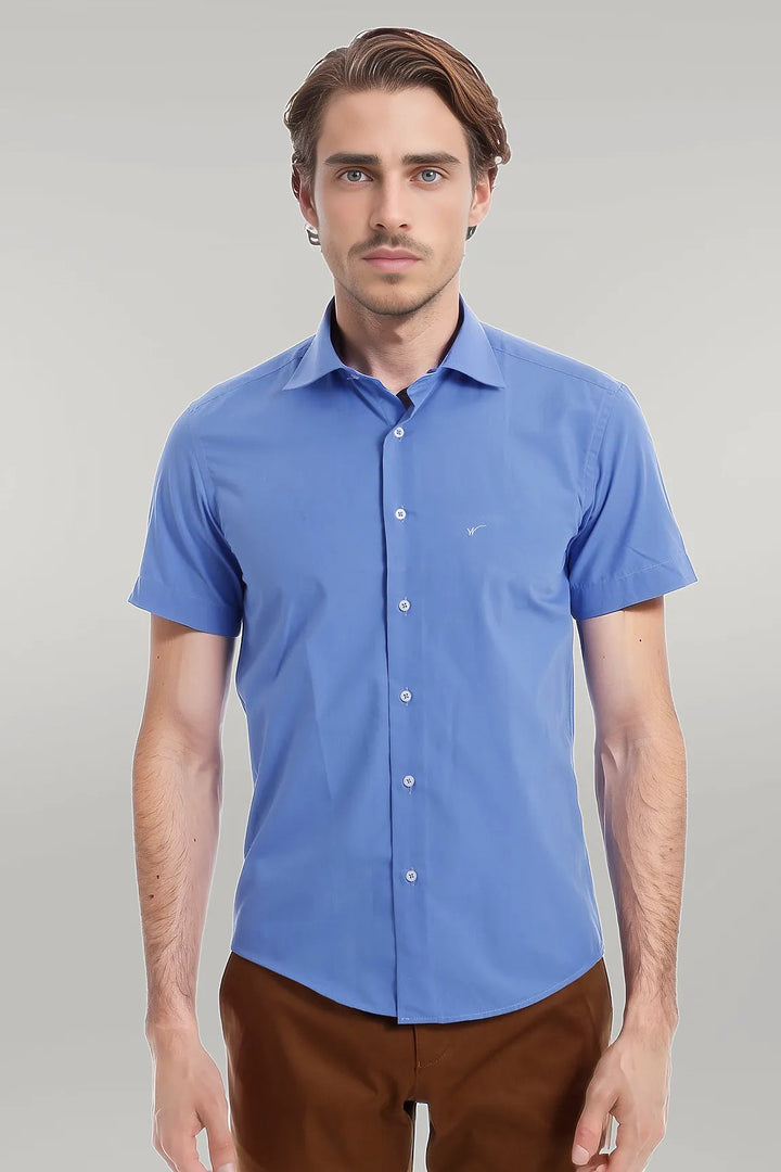 Short Sleeve Poly Cotton Slim Fit Blue Men Shirt - Wessi