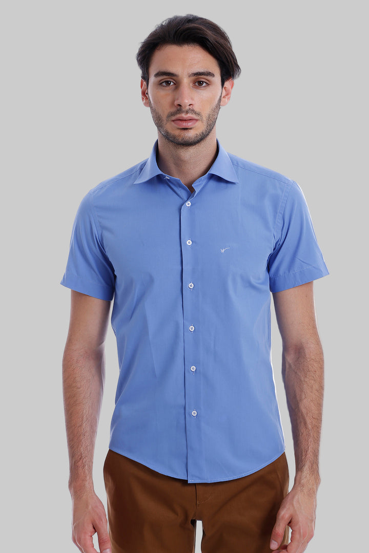 Camisa Hombre Manga Corta Poly Cotton Slim Fit Azul - Wessi