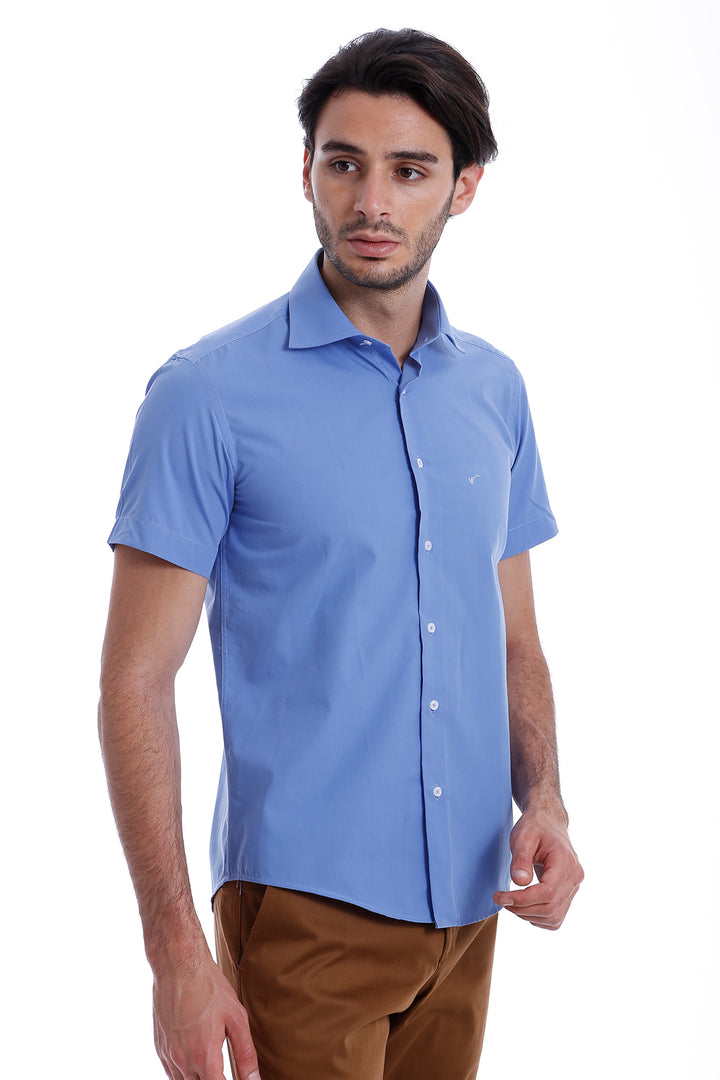 Short Sleeve Poly Cotton Slim Fit Blue Men Shirt - Wessi