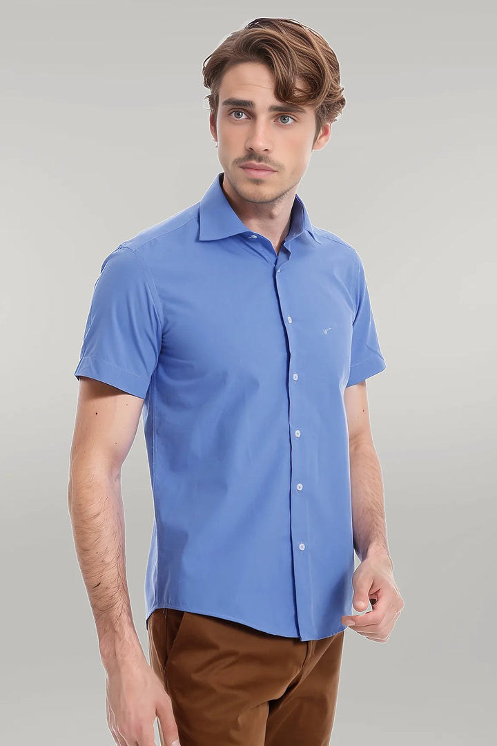 Short Sleeve Poly Cotton Slim Fit Blue Men Shirt - Wessi