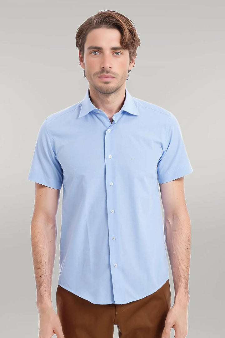 Slim Fit Short Sleeve Poly Cotton Blue Men Shirt - Wessi