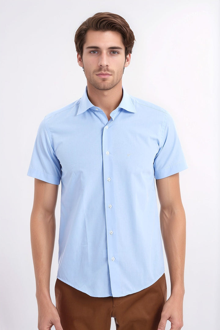 Camisa Hombre Slim Fit Polialgodón Azul Manga Corta - Wessi