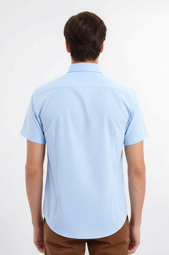 Camicia da uomo blu in policotone a maniche corte slim fit - Wessi