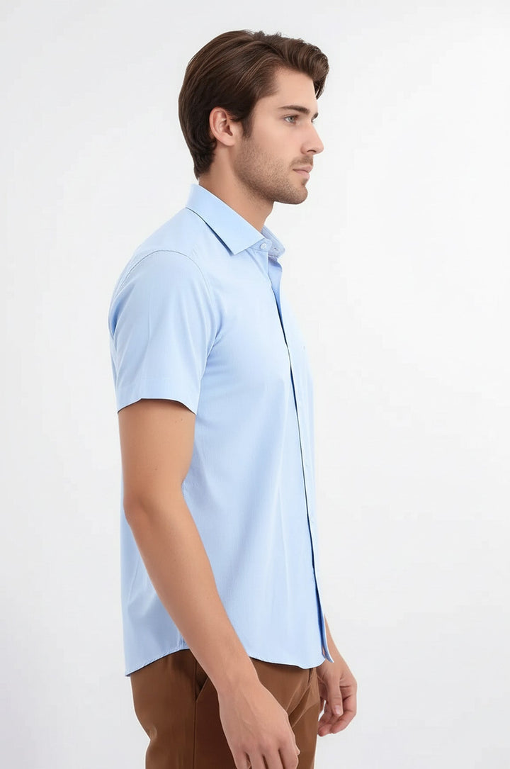 Camisa Hombre Slim Fit Polialgodón Azul Manga Corta - Wessi