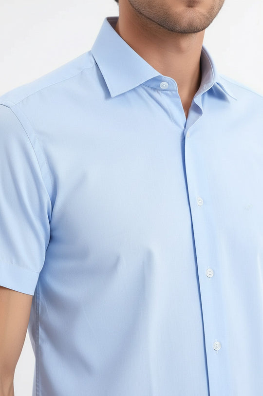 Camicia da uomo blu in policotone a maniche corte slim fit - Wessi