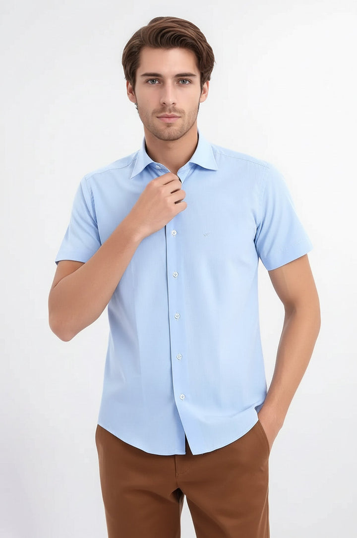 Camisa Hombre Slim Fit Polialgodón Azul Manga Corta - Wessi
