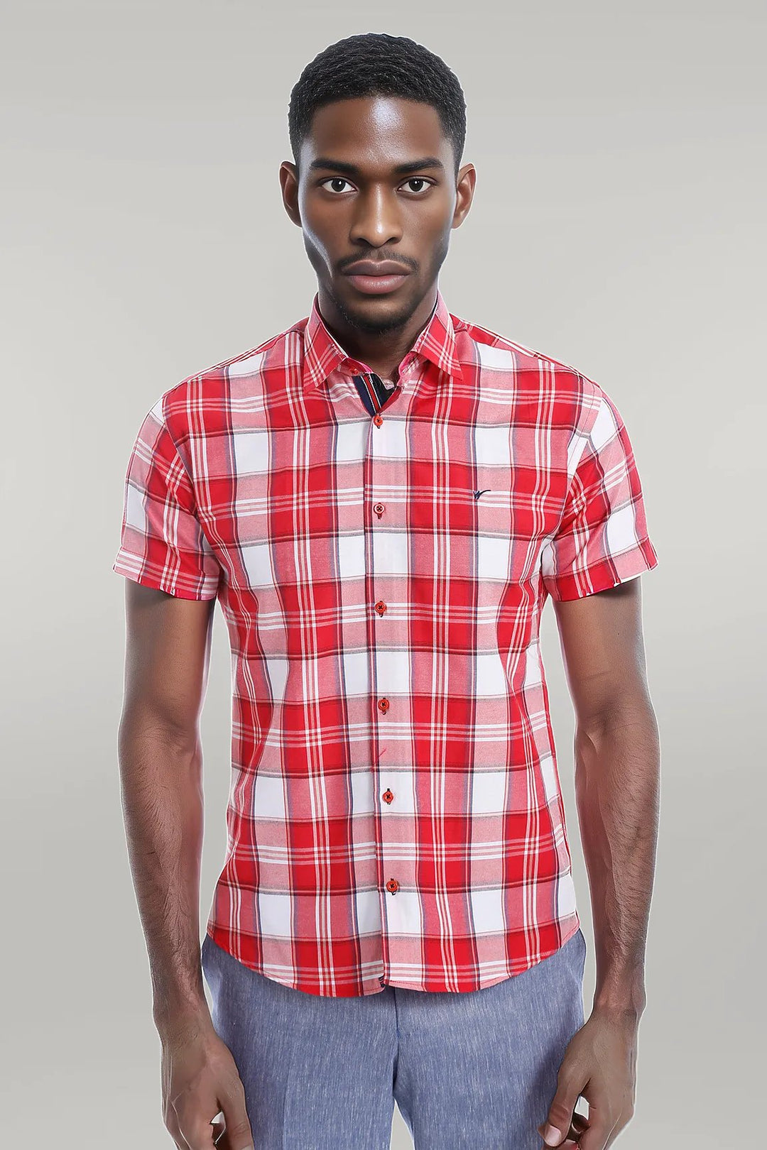 Checked Short Sleeve Burgundy Men Shirt - Wessi