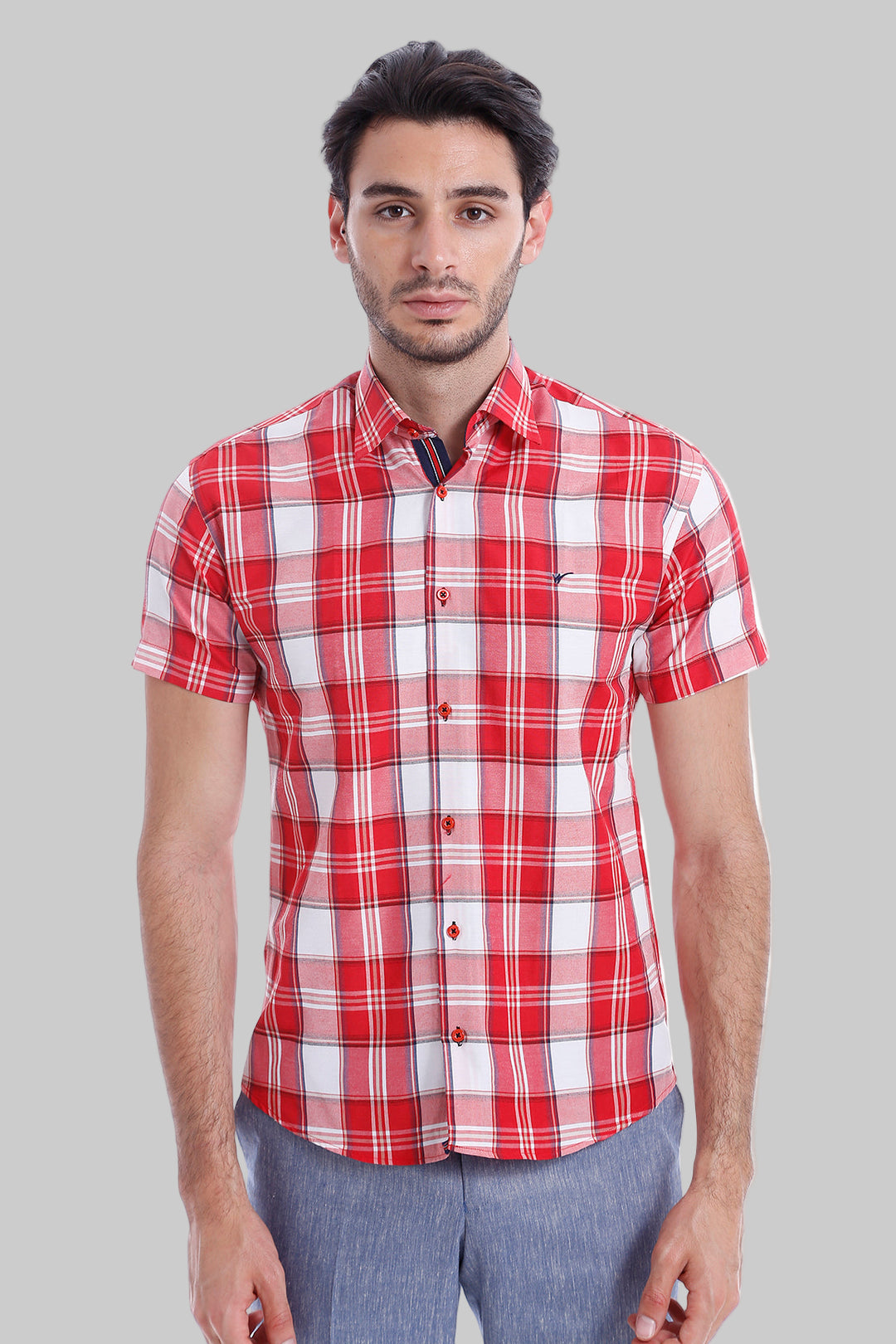Camisa Hombre Cuadros Manga Corta Burdeos - Wessi