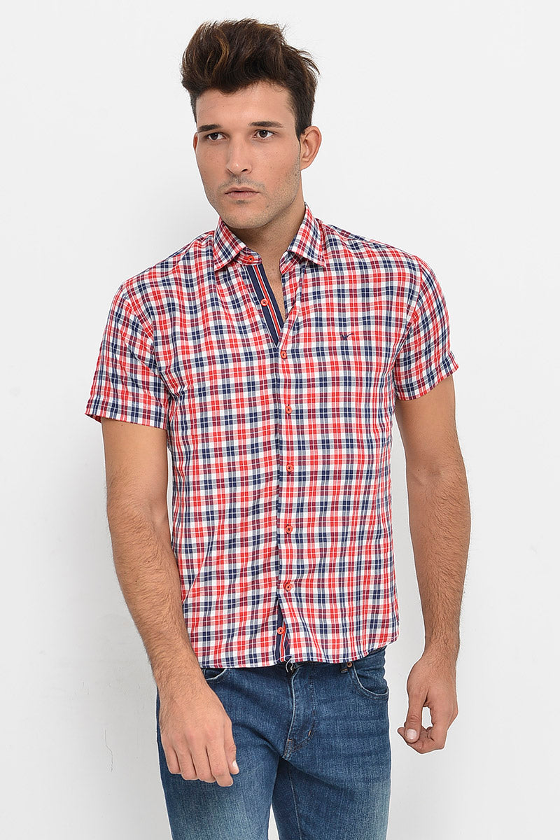 Checked Short Sleeves Navy Blue Men Shirt - Wessi