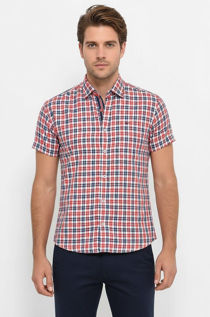 Camicia da uomo blu navy a maniche corte a quadri - Wessi