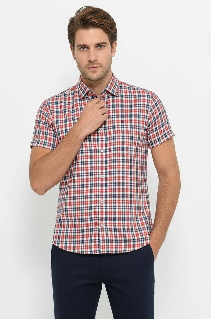 Camicia da uomo blu navy a maniche corte a quadri - Wessi