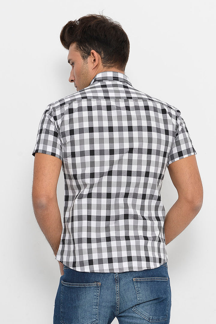 Camisa Hombre Cuadros Manga Corta Blanco-Negro - Wessi