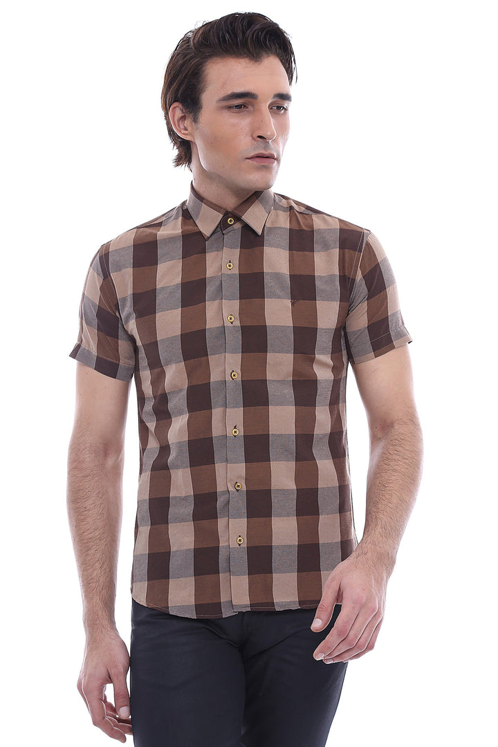 Camisa Hombre Cuadros Manga Corta Marrón - Wessi