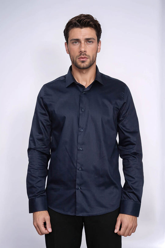 Camicia da uomo in raso di cotone slim fit a maniche lunghe tinta unita blu navy - Wessi