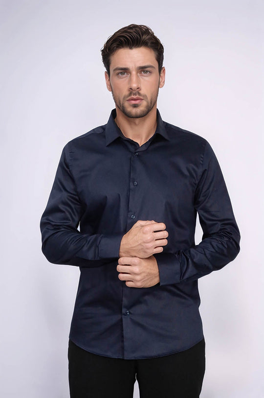 Camicia da uomo in raso di cotone slim fit a maniche lunghe tinta unita blu navy - Wessi