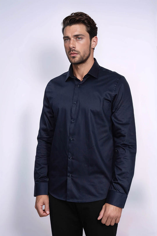 Camicia da uomo in raso di cotone slim fit a maniche lunghe tinta unita blu navy - Wessi
