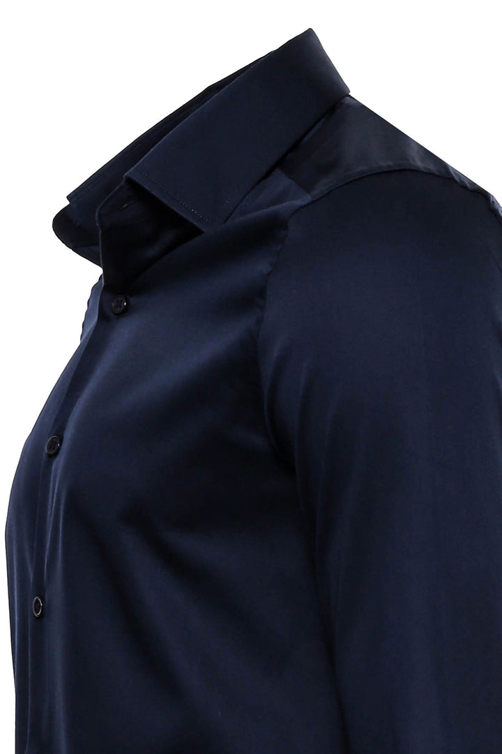 Cotton Satin Slim Fit Long Sleeves Plain Navy Blue Men Shirt - Wessi
