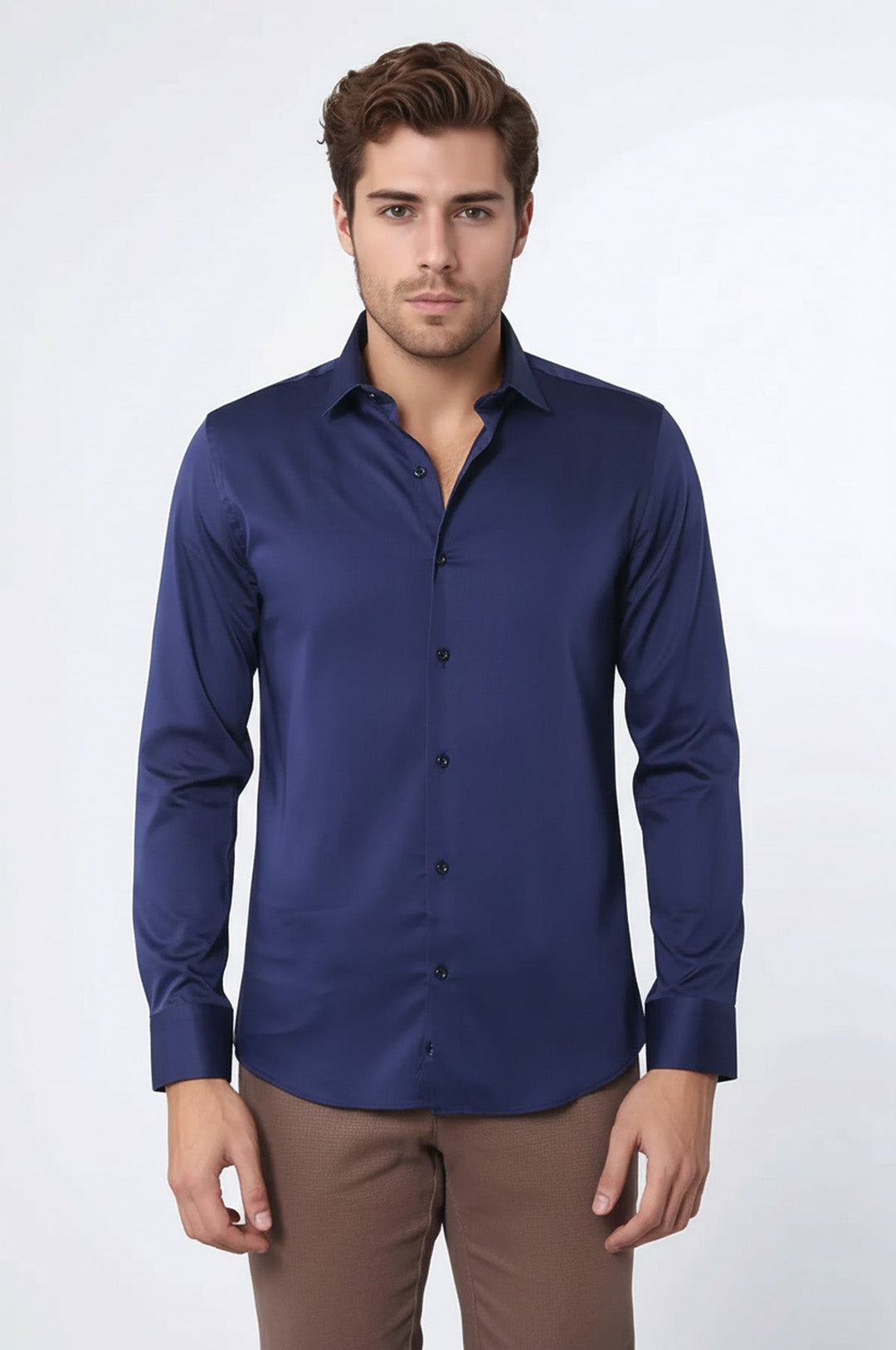 Camicia da uomo blu navy slim fit in raso di cotone - Wessi