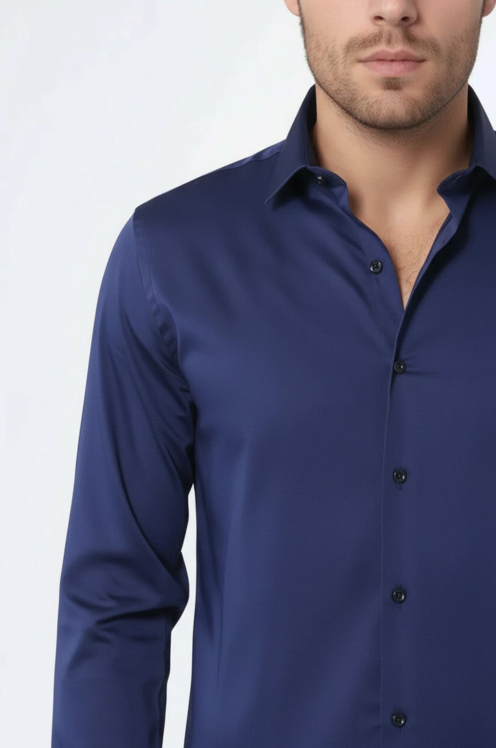 Camicia da uomo blu navy slim fit in raso di cotone - Wessi