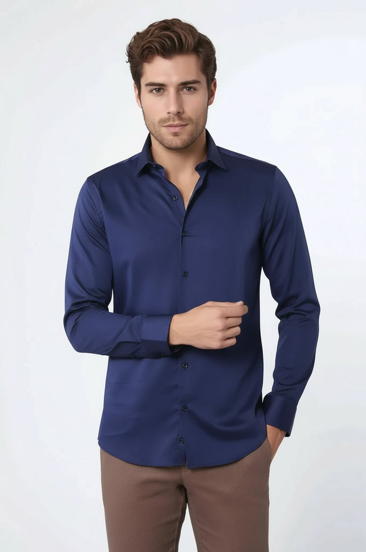 Camicia da uomo blu navy slim fit in raso di cotone - Wessi