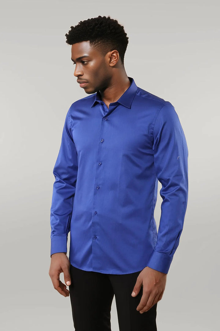 Camicia da uomo blu slim fit in raso di cotone - Wessi